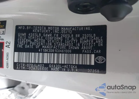 2012 Toyota Avalon z USA, uszkodzony, nr VIN 4T1BK3DB1CU461006